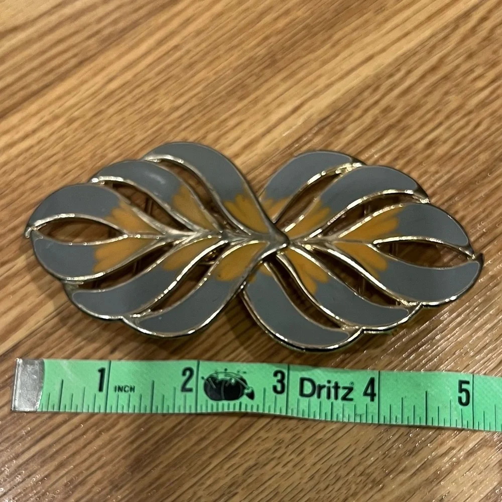 Vintage enamel Metal Gold tone gray & mustard Statement‎ Belt Buckle - Picture 8 of 8